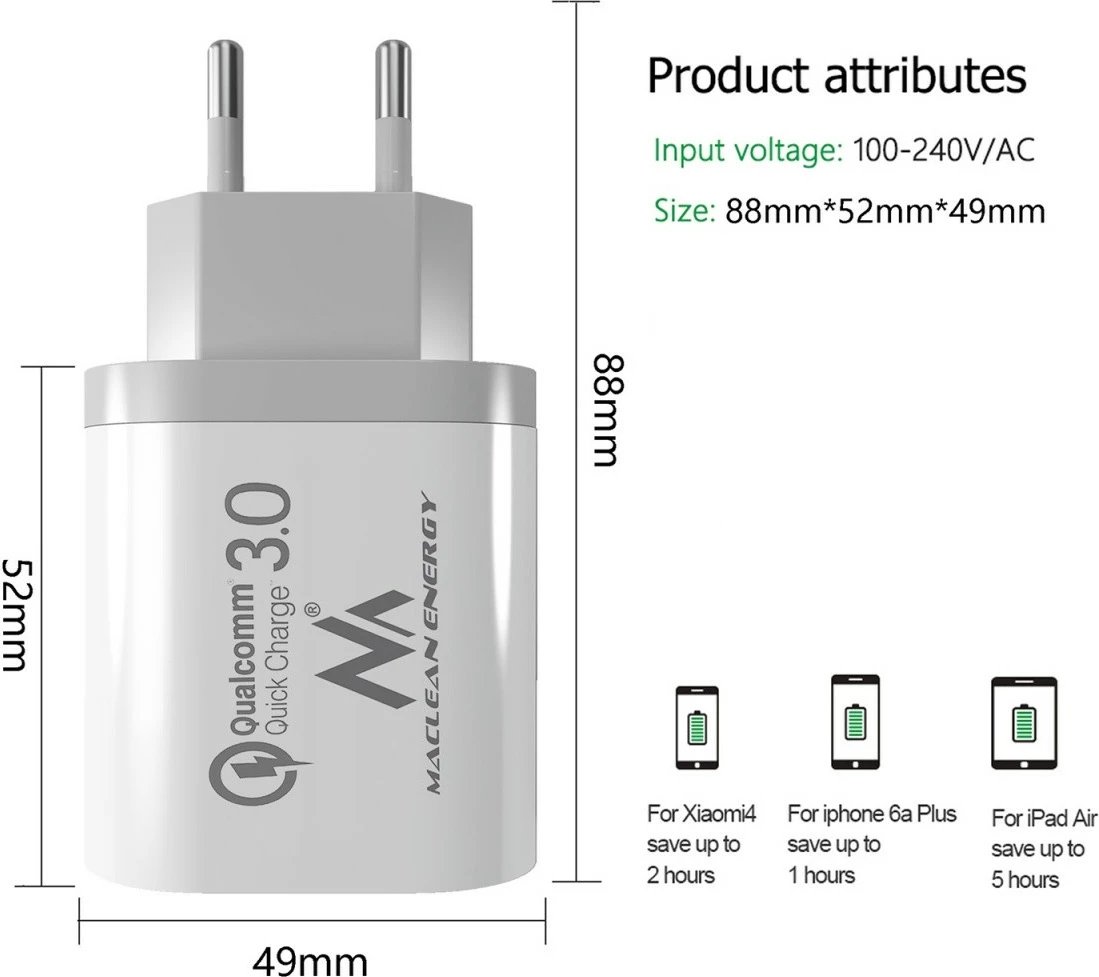 Karikues rrjeti Maclean MCE479W, 3xUSB, Quick Charge 3.0, Bardhë
