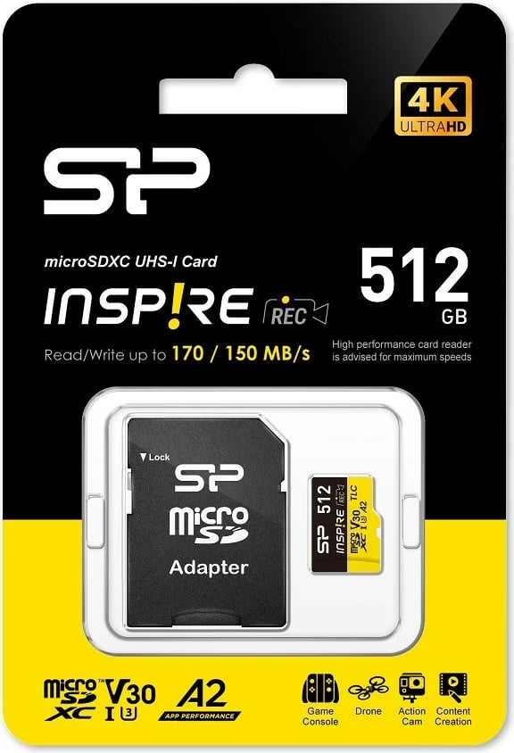 Kartelë memorie microSDXC Silicon Power Inspire 512GB me adapter SD, UHS-I U3 A2 V30 4K