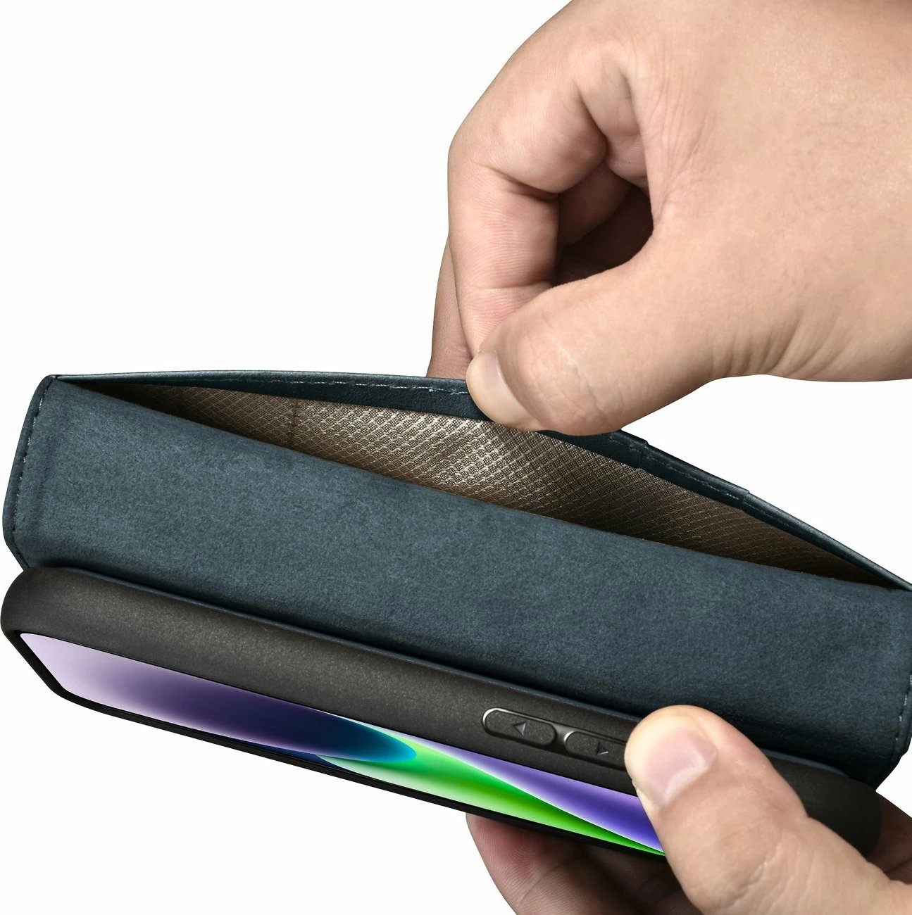 Mbështjellës iCarer Oil Wax Wallet 2in1 për iPhone 14 Plus, lëkurë, Anti-RFID, Blu