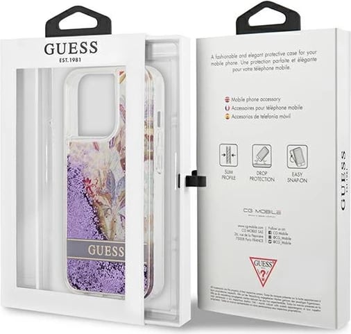 Mbështjellës Guess GUHCP13LLFLSU për iPhone 13/13 Pro 6.1", Flower Liquid Glitter, vjollcë