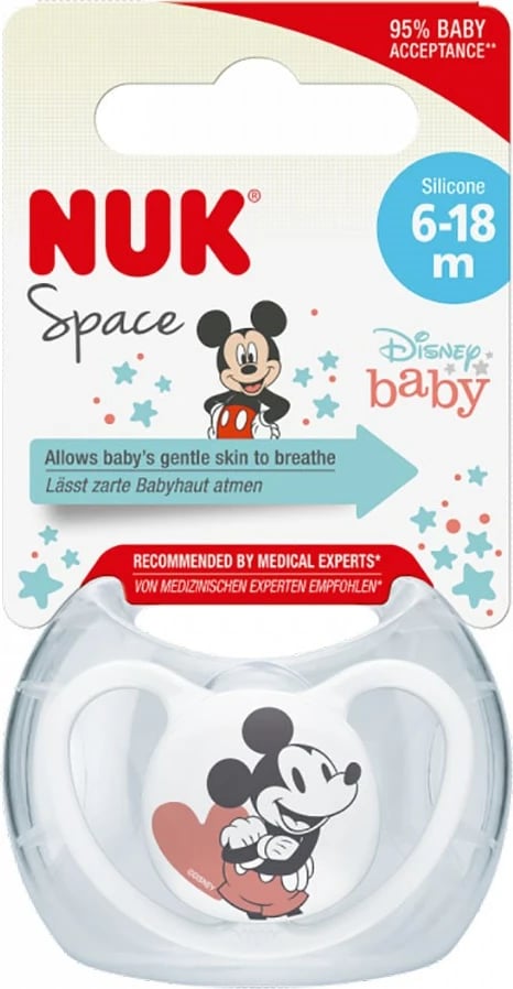 Qetësuese bebe, NUK Space Disney Mickey Mouse, 6–18m, silikon, 1 copë, gri