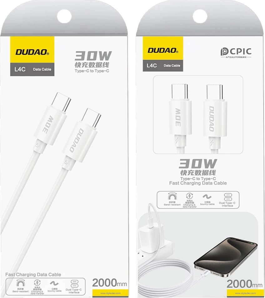 Kabllo USB-C në USB-C Dudao L4C, 2m, 30W, Bardhë