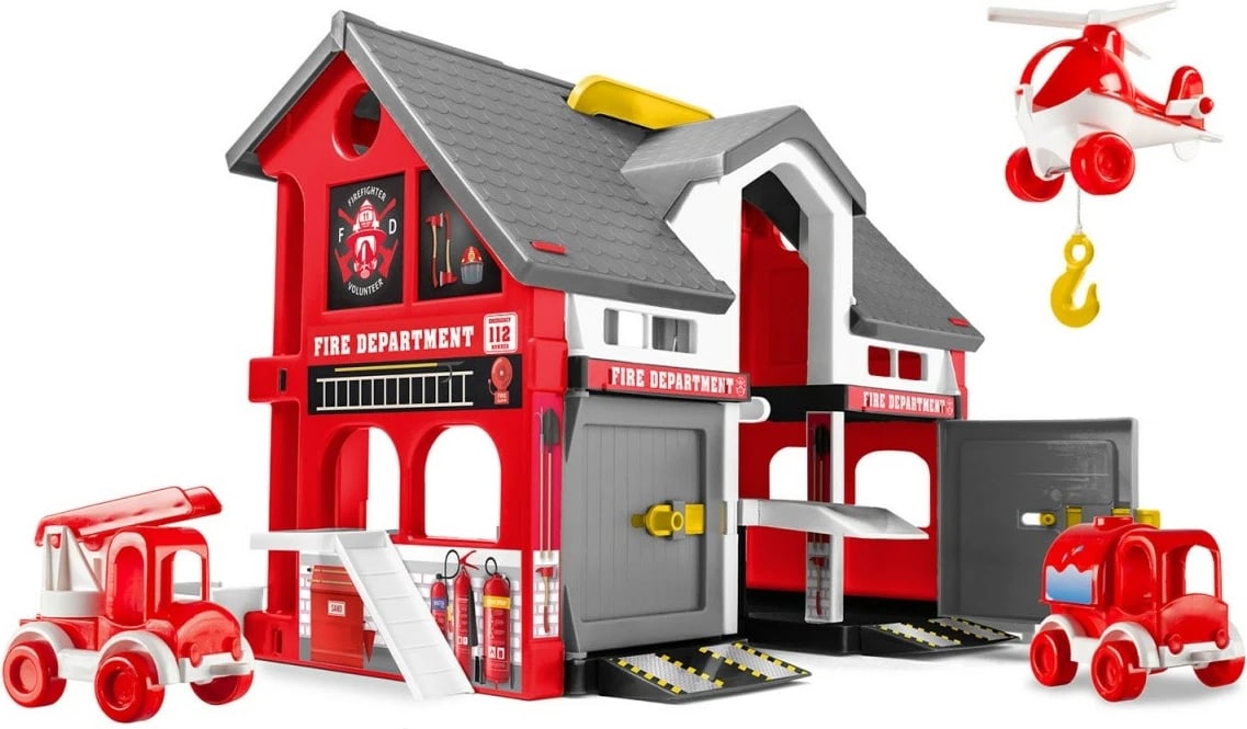 Set lodrash stacion zjarri Wader Play House, 3 automjete, 34 ngjitëse, plastikë, kuqe/zezë/bardhë