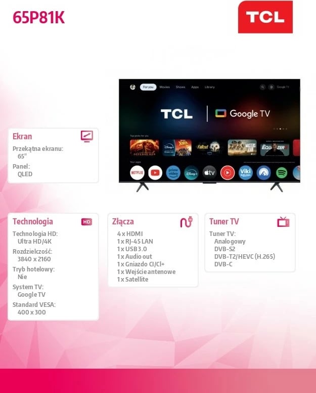 Televizor QLED, TCL 65P81K, 65", 4K Ultra HD, 144Hz, Google TV, Dolby Vision/Atmos