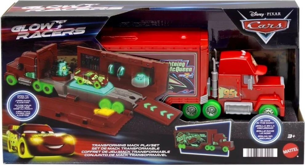 Kamion lodër Mattel Cars Glow Racers Maniek HPX76, plastikë, i kuq, ndriçon në errësirë, set me Guido