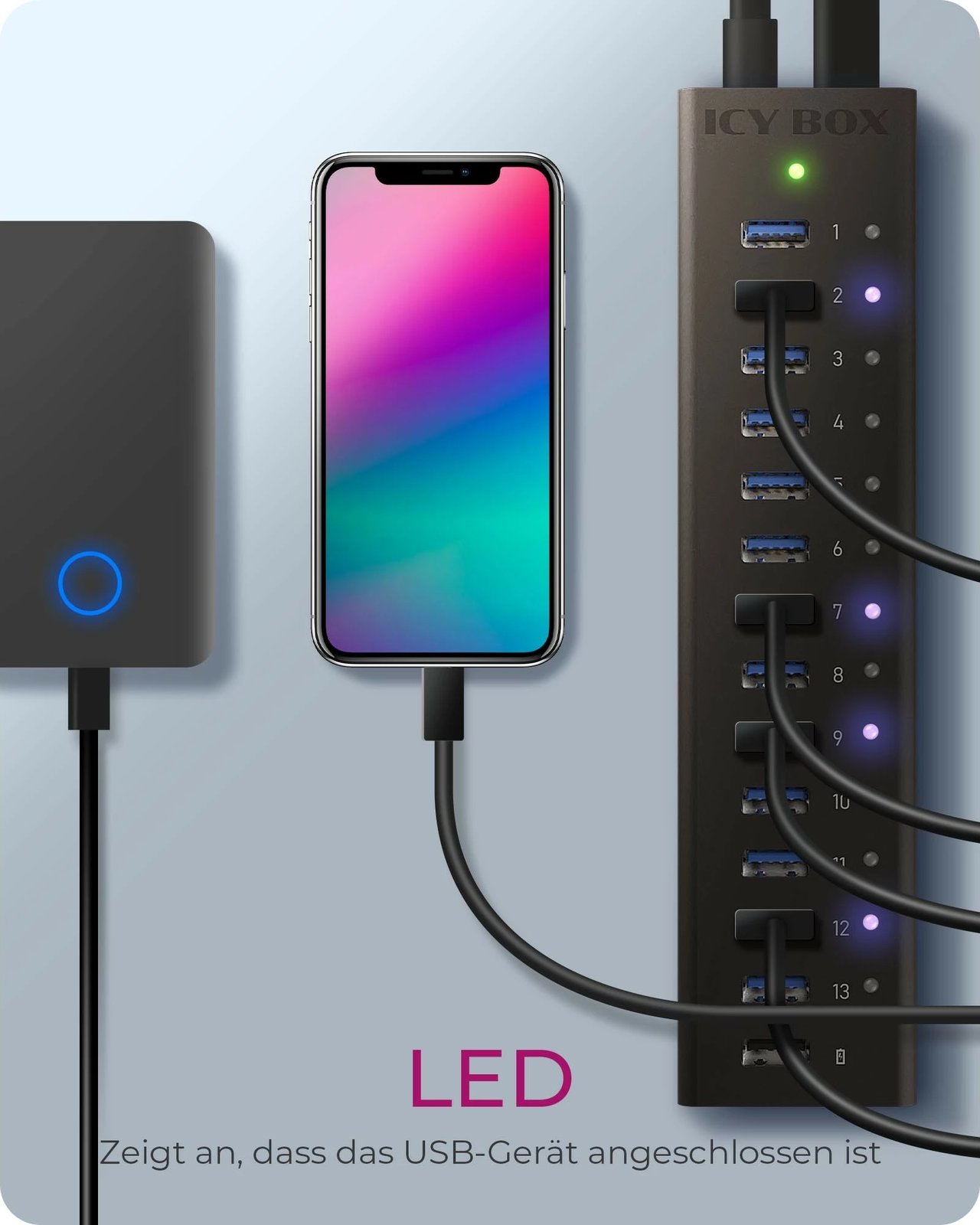 USB hub ICY BOX IB-AC6113, 14 porta, USB 3.2 Gen 1, alumini, e zezë