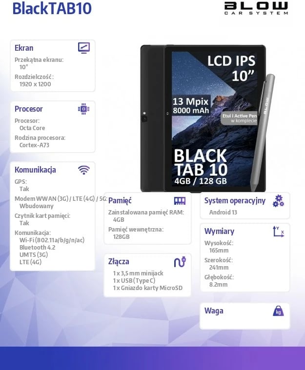 Tablet Blow BlackTAB10, 10", 4GB RAM, 128GB, LTE, Android 13, E zezë, me Active Pen dhe etui