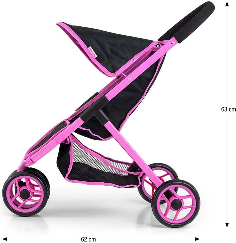 Karrocë kukullash, Milly Mally, Susie Prestige, për kukulla deri 50 cm, tri rrota me rrota të dyfishta përpara, e zezë