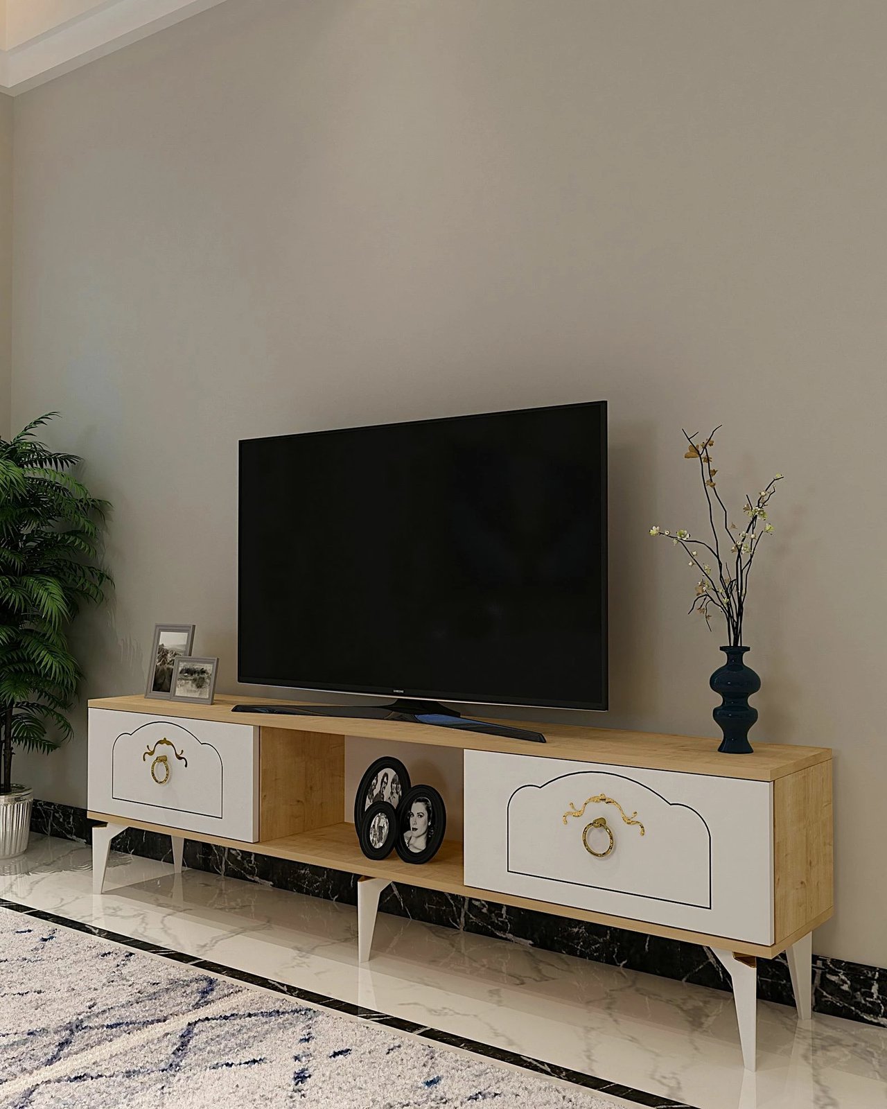 Komodinë TV Skye Decor, ngjyrë lis safir, e bardhë