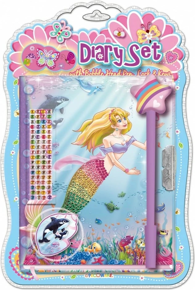 Set ditari Pulio 170531MD me stilolaps, ngjitëse 3D dhe cekina, për vajza, temë sirene