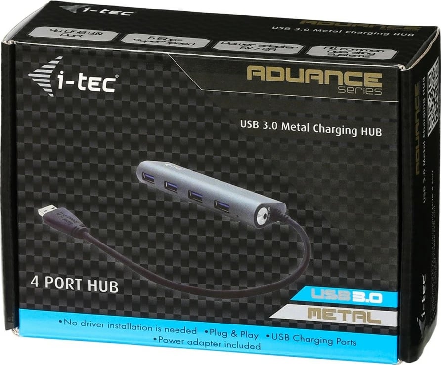 Kasë USB HUB i-tec U3HUB448, 4 porta USB 3.0, Metal, me karikim, Zezë/Gri