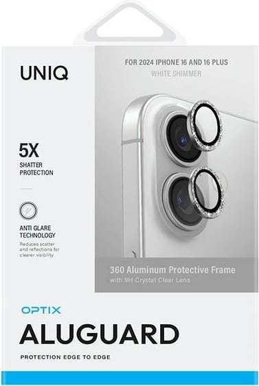 Mbështjellës alumini për lente kamerë UNIQ Optix për iPhone 16 / 16 Plus, White Shimmer