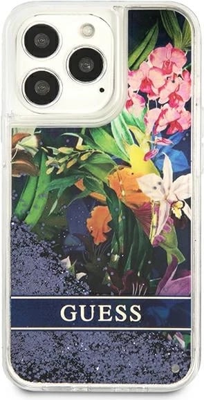 Mbështjellës Guess GUHCP13LLFLSB për iPhone 13/13 Pro 6.1", Flower Liquid Glitter, Blu