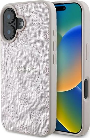 Mbështjellës Guess Saffiano Peony Classic Logo MagSafe për iPhone 16 Plus, Rozë