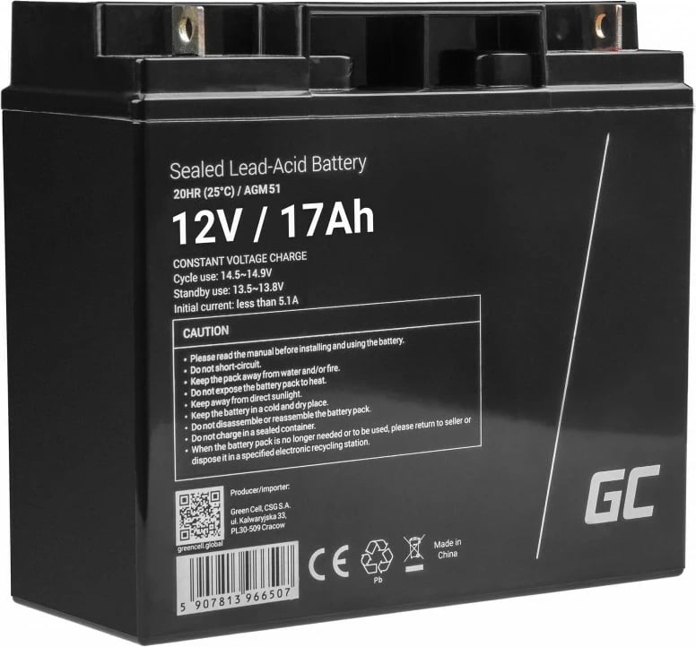 Bateri veture Green Cell AGM51, 17 Ah, 12 V, e zezë