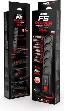 Prizë Acar F5 Power, 5 dalje, 5m, 16A, e zezë
