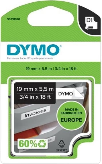 Kasetë etiketuese DYMO D1 Durable S0718070, 19mm, e zezë mbi të bardhë, 5.5m