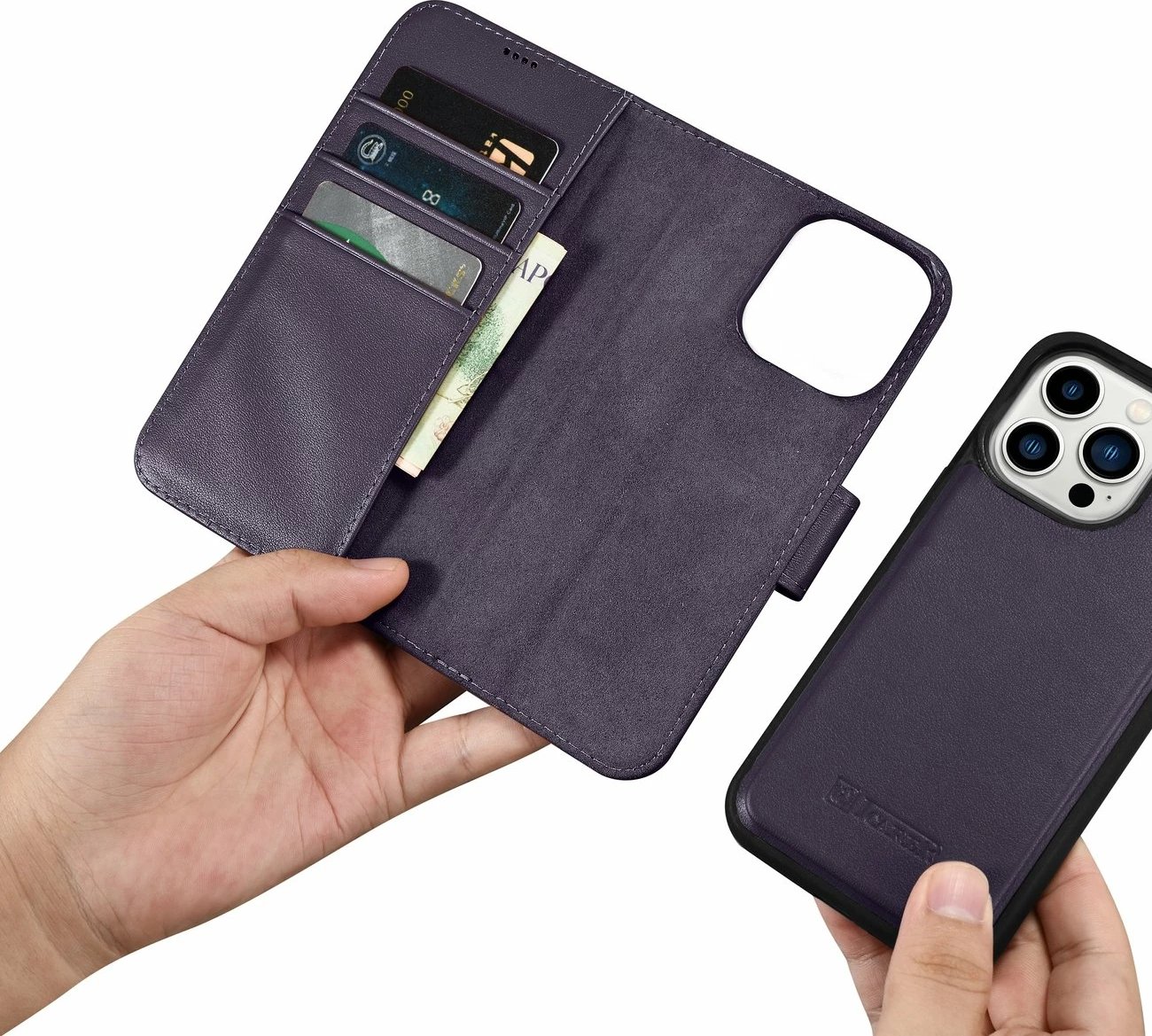 Mbështjellës iCarer Wallet Case 2in1 për iPhone 14 Pro, lëkurë natyrale, Anti-RFID, Vjollcë e errët