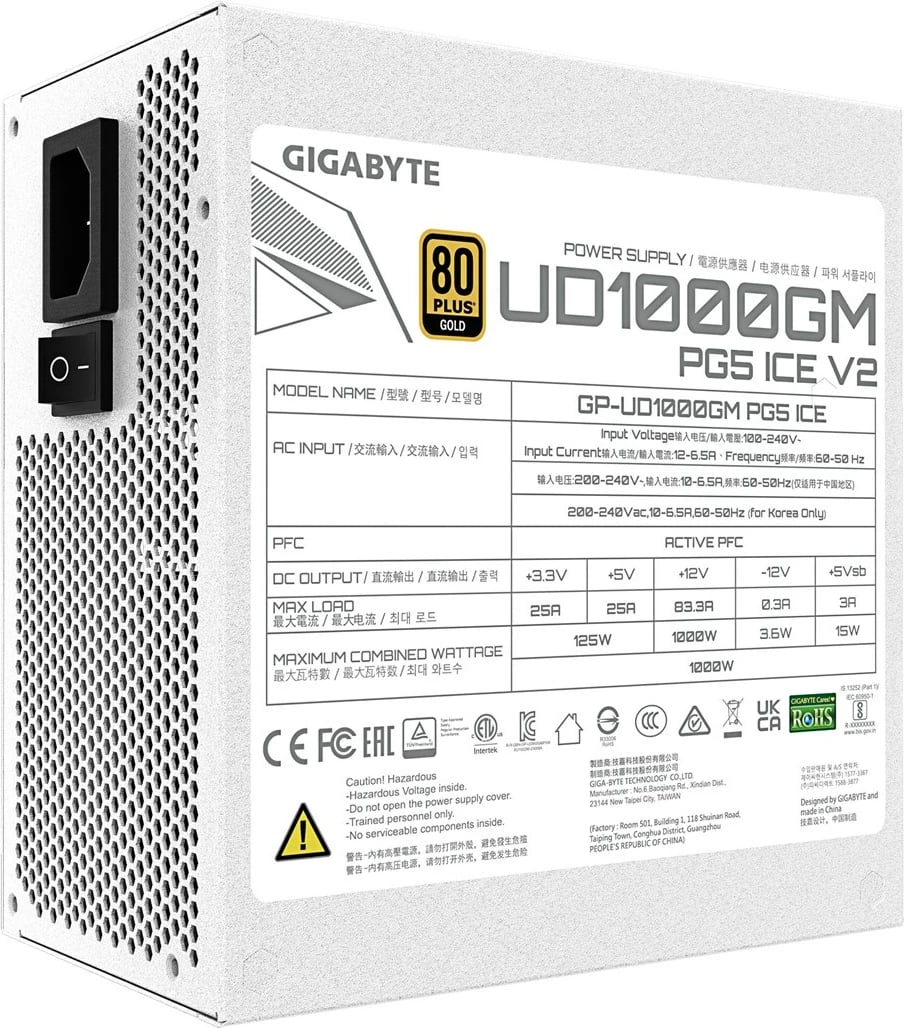 Kasë Gigabyte UD1000GM PG5 ICE, 1000W, 80 PLUS Gold, e bardhë
