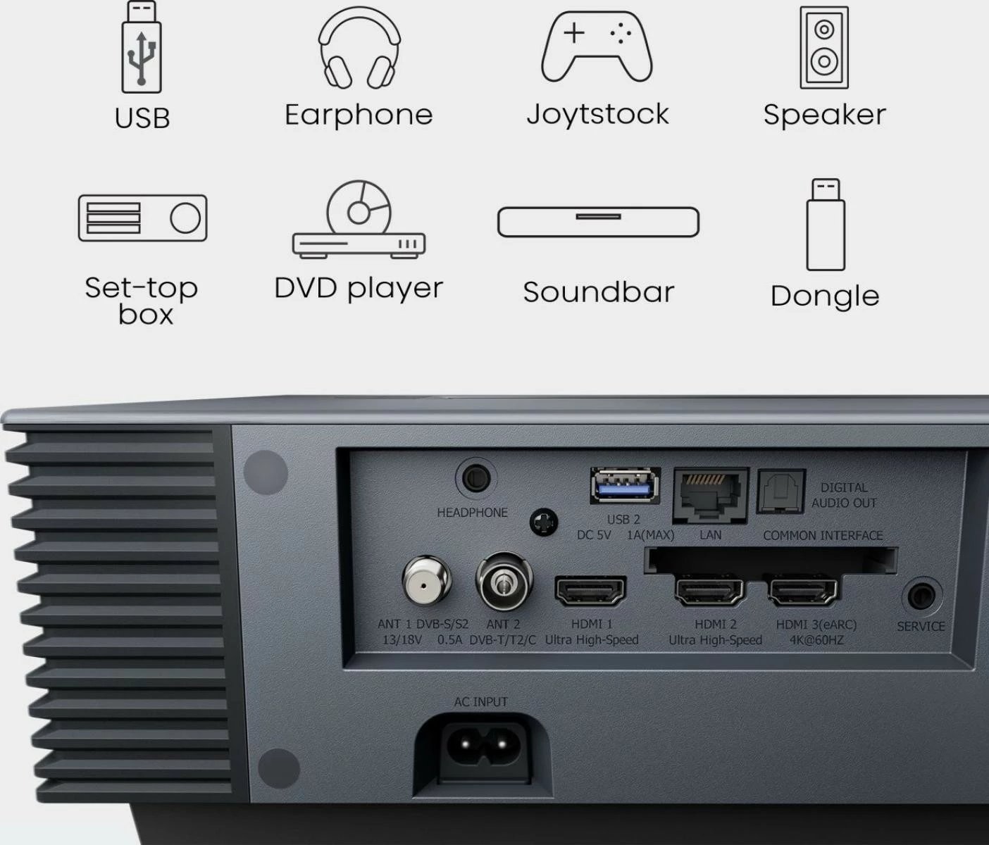 Projektor smart me lazer 4K, Hisense PX3, UST 80–150", 2800 ANSI lm, Dolby Vision/Atmos, Wi‑Fi/Bluetooth, gri