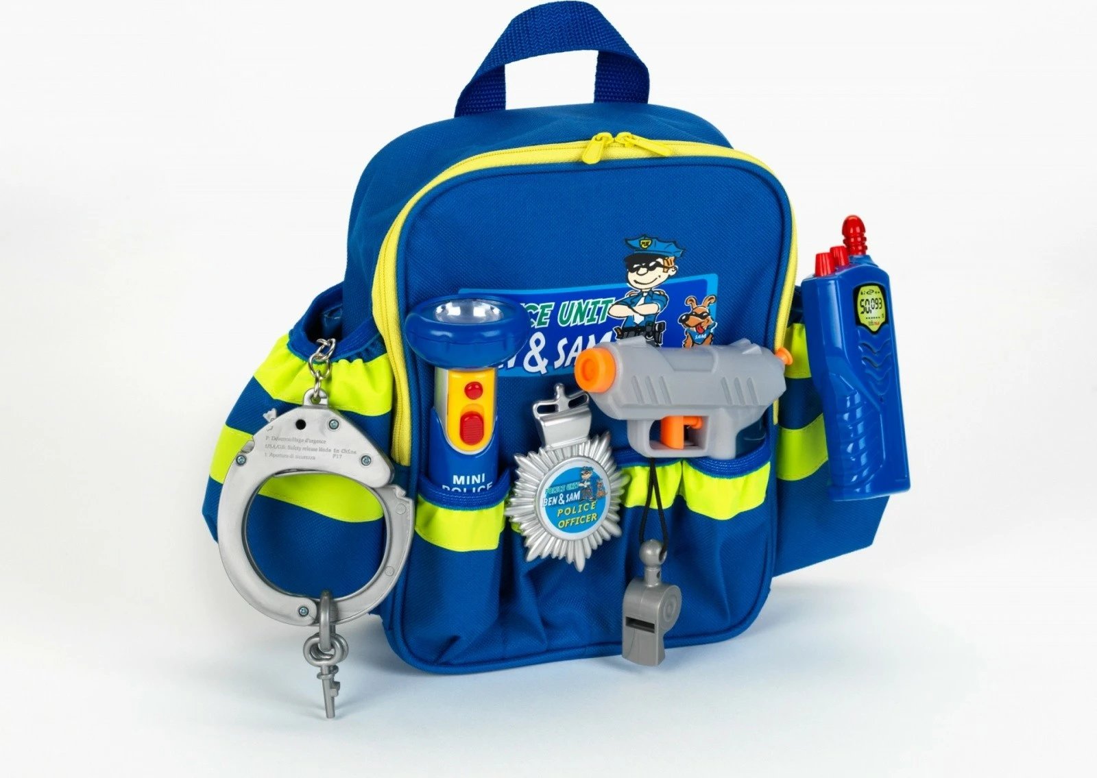 Set lodrash policie Klein Police Backpack Ben&Sam, me aksesorë, kaltër/verdhe
