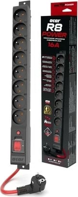 Prizë me mbrojtje Acar R8 POWER, 8 dalje, 1.5m, 16A, e zezë