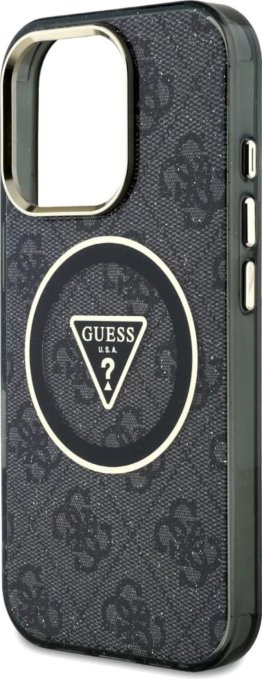 Mbështjellës Guess IML Metal Glitter 4G Circle Triangle MagSafe për iPhone 16 Pro Max, Zi
