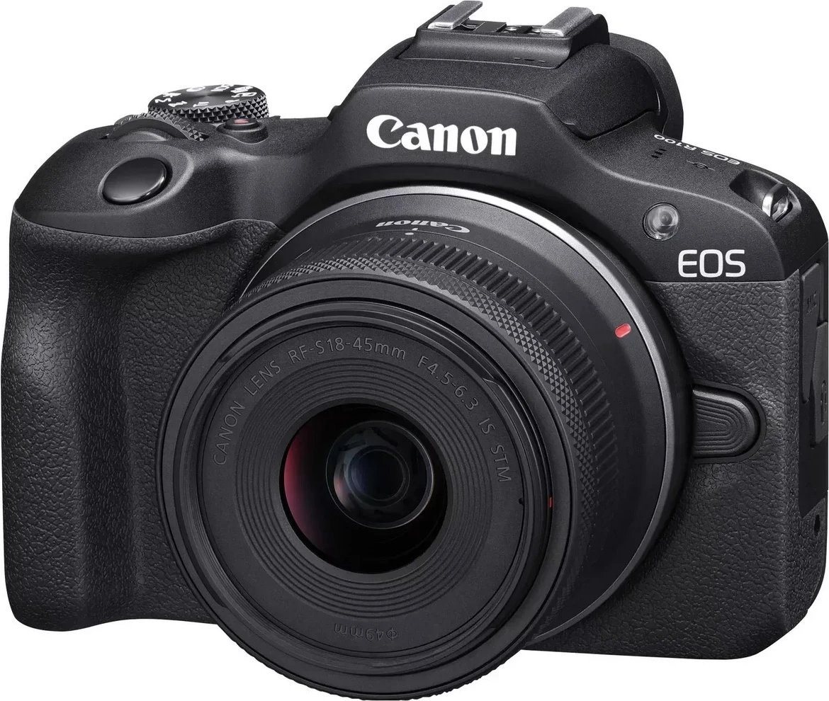 Aparat fotografik Canon EOS R100, me objektiv RF-S 18-45mm IS STM dhe RF-S 55-210mm IS STM, i zi