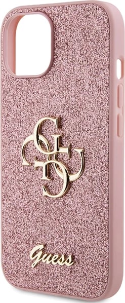 Mbështjellës Guess Glitter Script Big 4G për iPhone 15, Rozë