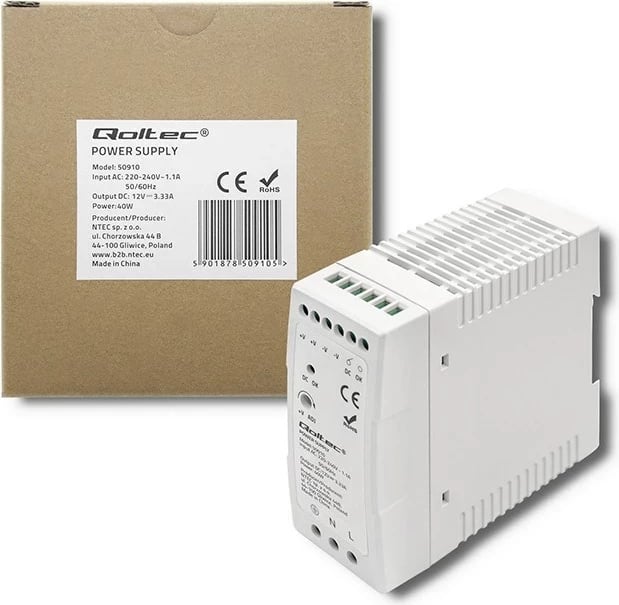 Furnizues energjie Qoltec Din Rail, 40W, 12V, 3.33A, Bardhë, Slim