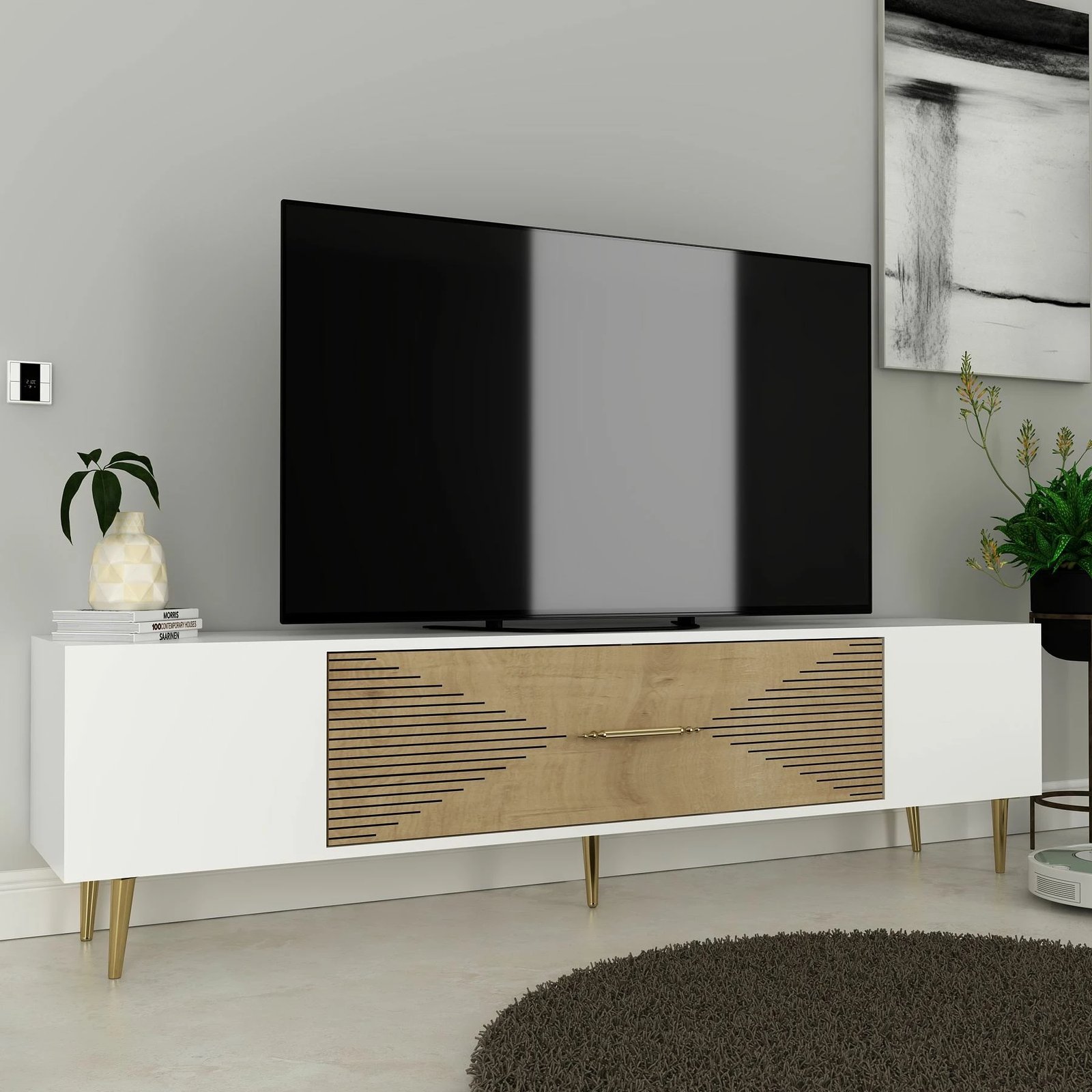Komodë TV Skye Decor, e bardhë, lisi Sapphire, ari, Dekol1