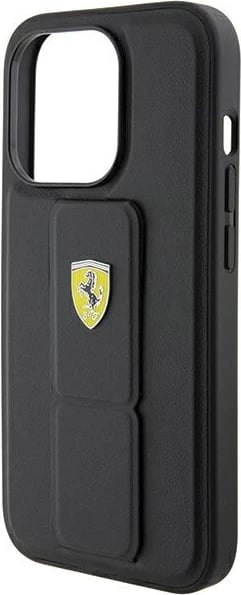 Mbështjellës Ferrari Grip Stand Metal Logo për iPhone 15 Pro, i zi
