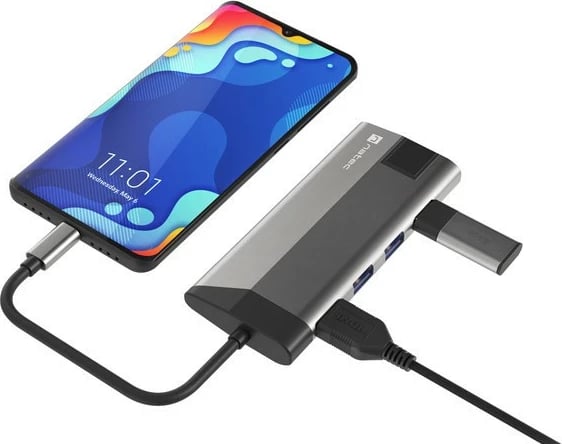 Multiport docking station Natec Fowler Plus, NMP-1690, 8 porte, USB-C PD, HDMI 4K, RJ45, SD/microSD, Gri