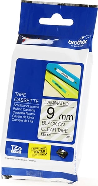 Kasetë etiketimi Brother TZe-121 9 mm 8 m, e zezë në transparente