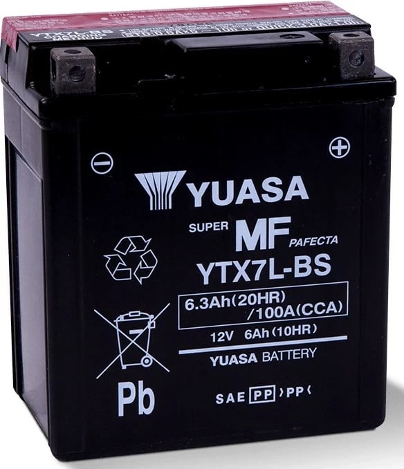 Bateri Yuasa YTX7L-BS për motoçikletë, 6 Ah, 12 V, e zezë