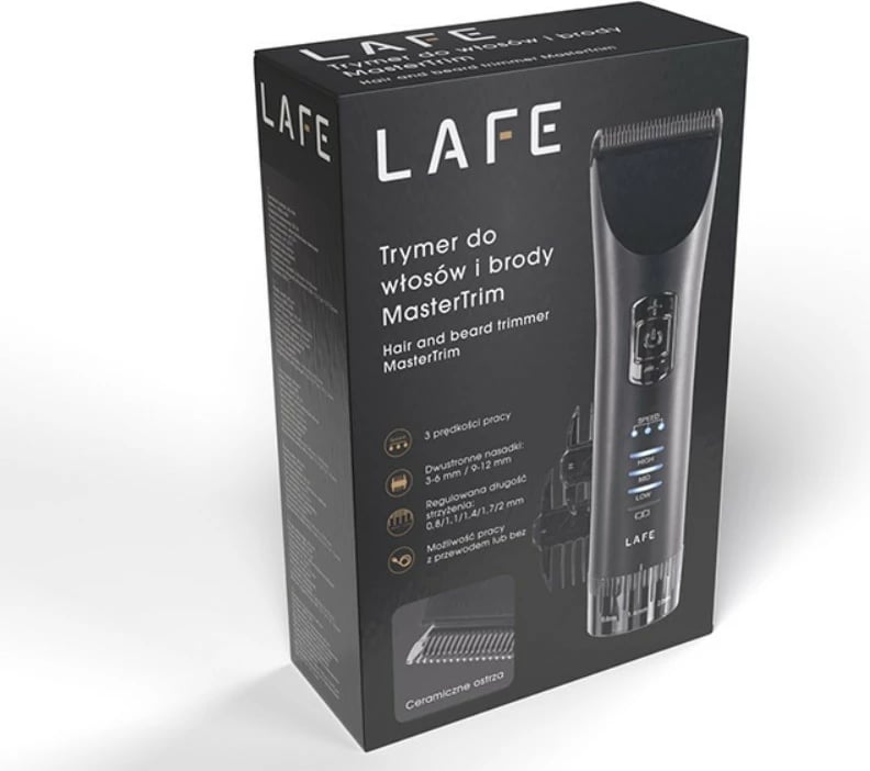 Trimmer flokësh dhe mjekre Lafe MasterTrim LAFTRY47538, tehe qeramike 45 mm, 3 shpejtësi, 0.8–2 mm + krehra 3–12 mm, 1800 mAh, me/pa kabllo, e zezë