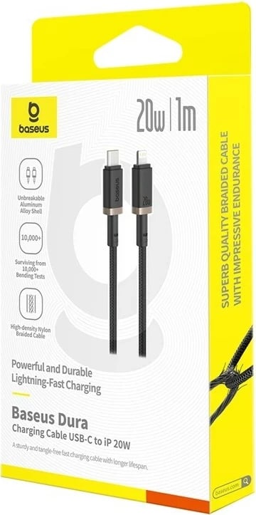Kabllo karikimi e shpejtë Baseus Dura Type C për iP, 20 W, 1 m, E zezë, Ari