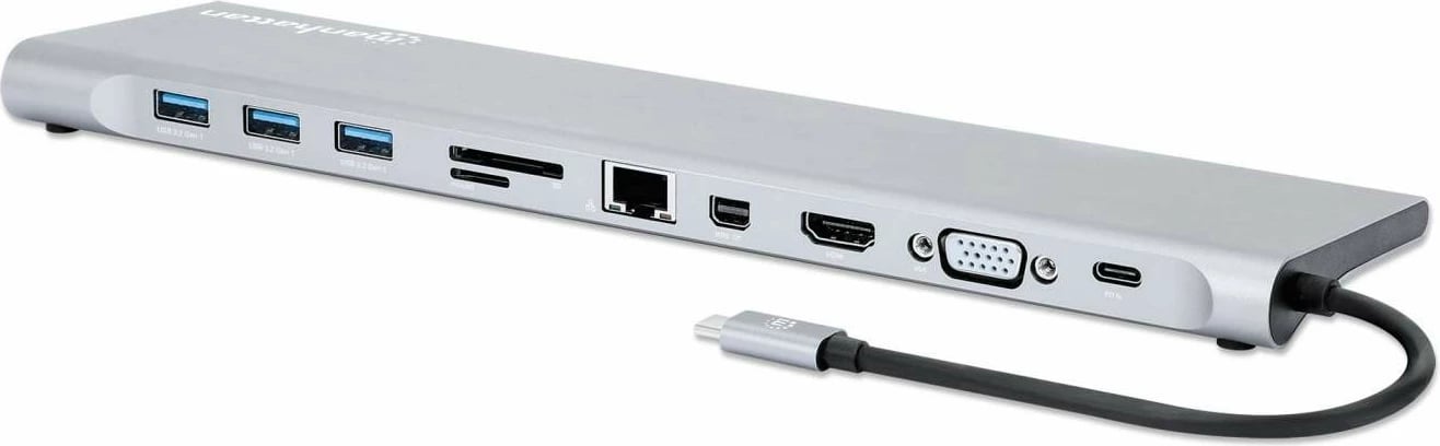 Docking station MANHATTAN USB-C 11in1 MST, për 3 monitorë, argjend