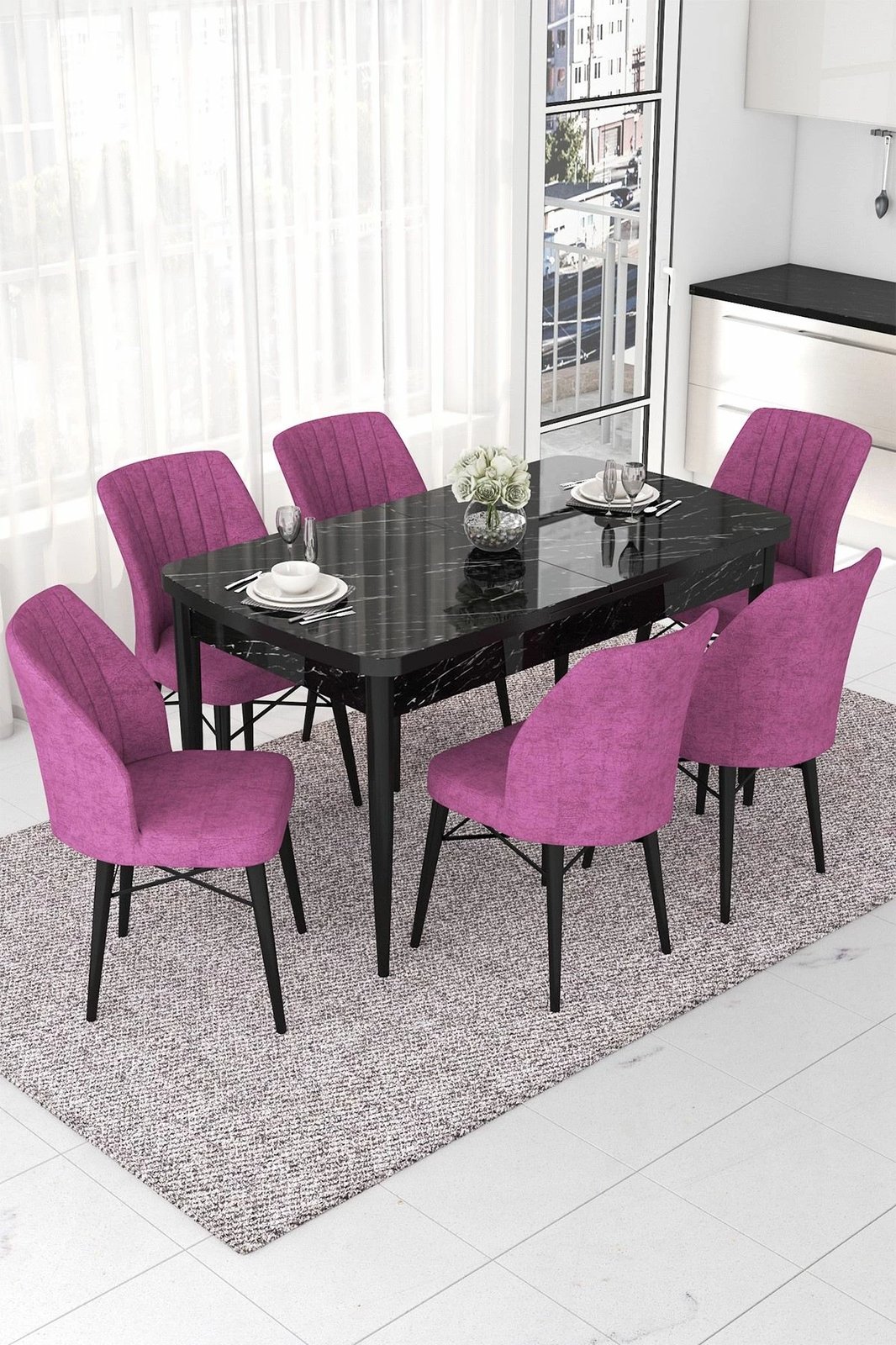 Set tavolinë me karrige për ngrënie, zgjatës, ngjyrë mermeri të zi, lejla, 7 copë, Skye Decor, Nef