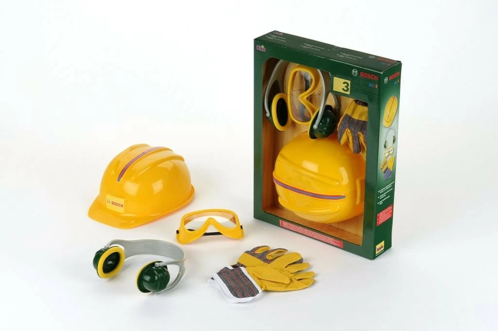 Set lodrash aksesorë pune për fëmijë Klein Bosch, 4 pjesë, helmetë, doreza, syze, mbrojtëse veshësh, e verdhë/e gjelbër
