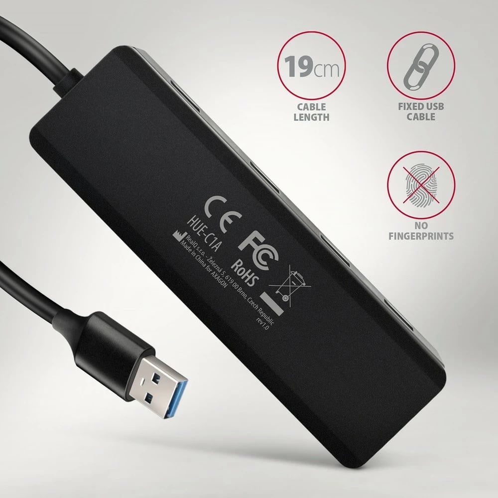 Kasë AXAGON HUE-C1A, 4 porta USB 5Gbps, USB-C Power IN, 19cm kabllo, E zezë