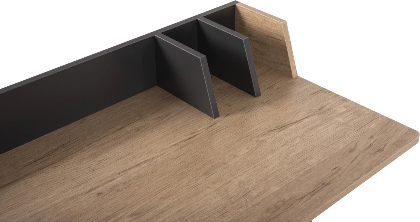 Tavolinë zyre FH9320, ngjyrë gri metalike, sipërfaqe MDF ngjyrë lisi, 90x50x73.5-85.5H cm