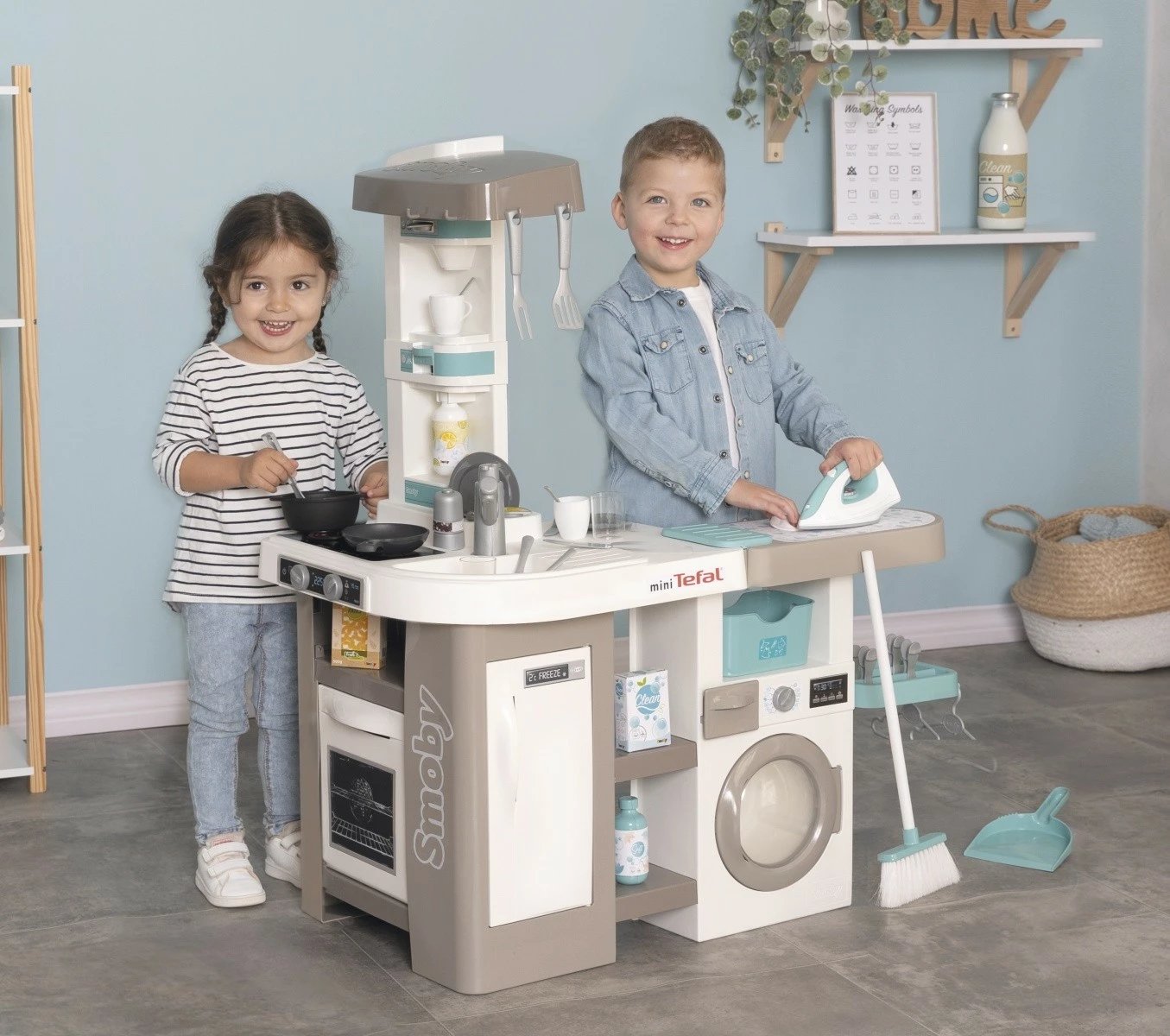 Kuzhinë lodër Smoby miniTefal Studio me makinë larëse, 36 aksesorë, Bezhe/Turkuaz/Bardhë
