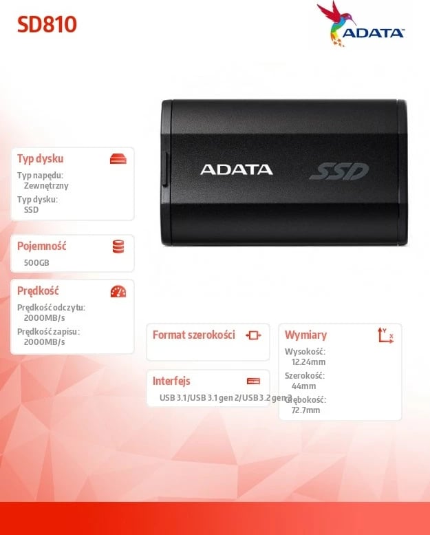 SSD i jashtëm Adata SD810, 500GB, USB 3.2, i zi
