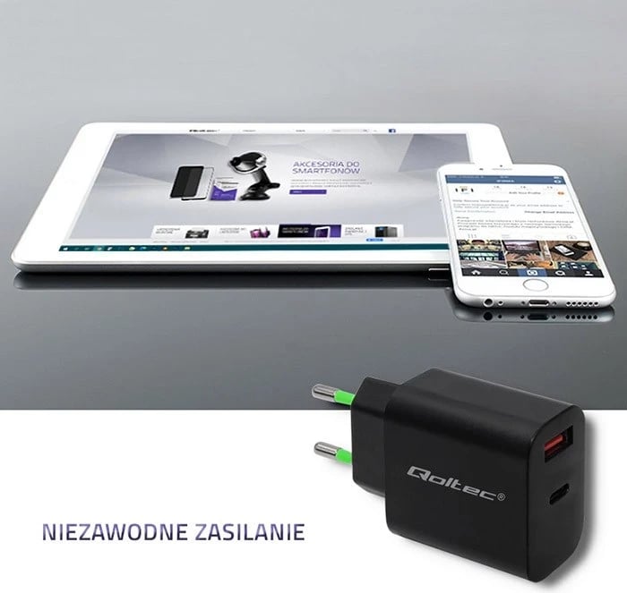 Karikuesi Qoltec 51713, 18W, USB tip C PD & USB QC 3.0, Zi