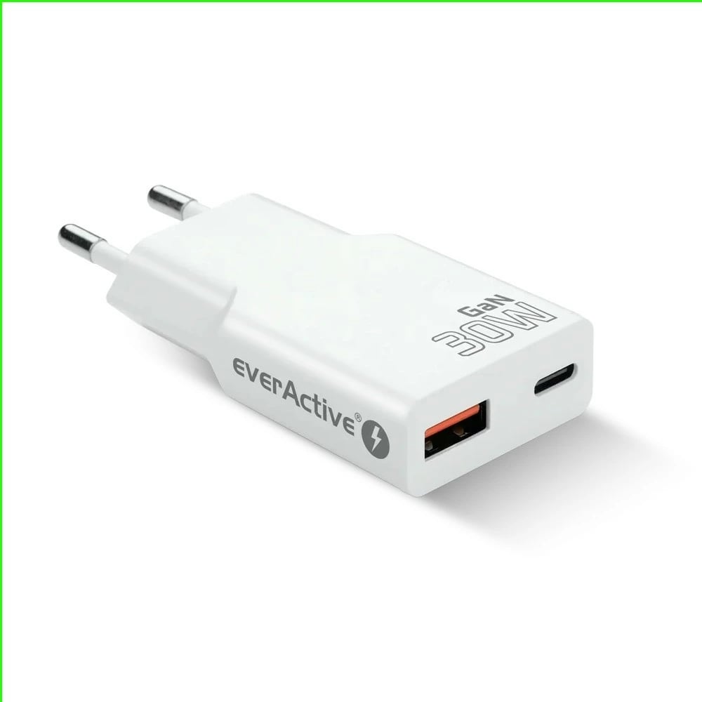 Karikues muri, everActive SC-380Q, GaN super slim 30W, 1x USB + 1x USB-C, QC 3.0/PD, e bardhë