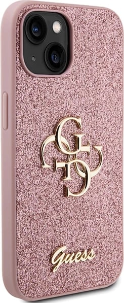 Mbështjellës Guess Glitter Script Big 4G për iPhone 15, Rozë