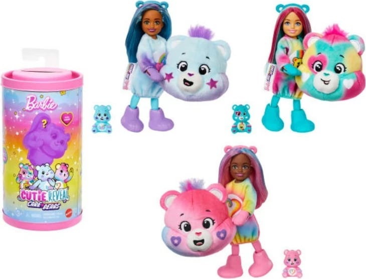 Kukull Barbie Cutie Reveal Chelsea Mattel JGH75, seri Care Bears, 6 befasi, minifigurë Care Bear, set 5-pjesësh, shumëngjyrësh