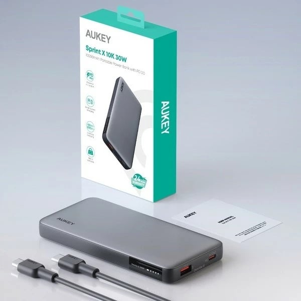 Power bank AUKEY PB-Y41, 10000mAh, 30W, 2xUSB, LED, Gri