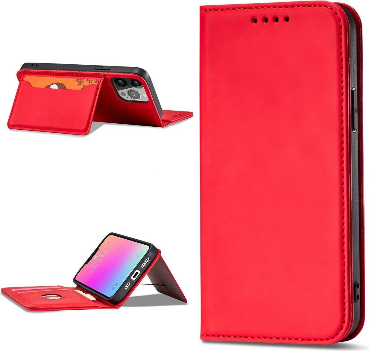 Mbështjellës Hurtel Magnet Card Case për iPhone 14 Pro Max, portofol, qëndrim, e kuqe